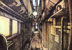 Rule 34 | air conditioner, alley, building, commentary, crosshatching, hatching (texture), highres, ibsukionsen, industrial pipe, lantern, multiple monochrome, no humans, original, outdoors, scenery, traditional media