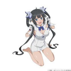 Rule 34 | 1girl, arm ribbon, artist request, barefoot, black hair, blue eyes, blue ribbon, blush, breasts, cleavage cutout, clothing cutout, commentary request, dress, dungeon ni deai wo motomeru no wa machigatteiru darou ka, full body, gloves, hestia (danmachi), highres, holding, holding own hair, long hair, looking at viewer, medium breasts, official art, open mouth, pencil dress, rei no himo, ribbon, simple background, sitting, smile, solo, teeth, twintails, twintails day, upper teeth only, wariza, white background, white dress, white gloves