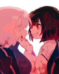 Rule 34 | 2girls, black hair, black jacket, blood, blood on clothes, blood on face, blood on hands, blue hair, blue sweater, breasts, closed mouth, collared shirt, commentary request, faust (project moon), hand on another&#039;s face, highres, jacket, large breasts, limbus company, long sleeves, mochigome 138, multiple girls, open clothes, open jacket, project moon, red eyes, ryoshu (project moon), shirt, short hair, small breasts, smile, sweater, turtleneck, turtleneck sweater, white background, white hair, white shirt