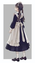 Rule 34 | 1girl, apron, black dress, black footwear, border, brown hair, dress, frilled apron, frills, from behind, full body, grey background, highres, kashiwagi chisame, long hair, long sleeves, original, profile, shoes, solo, standing, twintails, white apron, white border