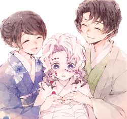 Rule 34 | 1girl, 2boys, ^ ^, black hair, blush, closed eyes, closed mouth, comforting, commentary request, extra, facial mark, family, father and son, floral print, hand on another&#039;s hand, haori, happy, highres, japanese clothes, kimetsu no yaiba, kimono, knees up, koame 1027, long sleeves, medium hair, mother and son, multiple boys, obi, parted lips, purple eyes, rui (kimetsu no yaiba), sash, simple background, smile, tears, uniform, upper body, white background, white hair