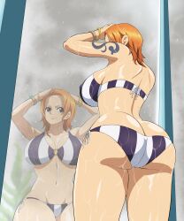 Rule 34 | 1girl, absurdres, ass, ass focus, bikini, breasts, butt crack, cleavage, expressionless, highres, huge ass, iwao178, large breasts, mirror, nami (one piece), navel, o-ring, o-ring bikini, one piece, one piece: strong world, solo, striped bikini, striped clothes, swimsuit, tattoo, wet