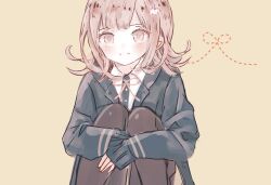 1girl black_thighhighs blue_jacket brown_background buttons closed_mouth collared_jacket collared_shirt commentary_request danganronpa_(series) danganronpa_2:_goodbye_despair dotted_line dress_shirt eyelashes feet_out_of_frame galaga hair_ornament hairclip happy hugging_own_legs jacket knees_up lapels light_blush long_sleeves looking_at_viewer medium_hair nanami_chiaki neck_ribbon nocoyaki notched_lapels open_clothes open_jacket pink_eyes pink_hair pink_ribbon ribbon shirt simple_background sitting sleeves_past_wrists smile solo thighhighs white_shirt