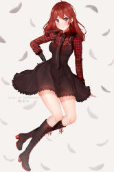 Rule 34 | 1girl, artist name, black dress, black footwear, black gloves, black necktie, blue eyes, blush, boots, breasts, commentary, commission, cross-laced footwear, deviantart logo, dress, feathers, frills, frown, gloves, hair between eyes, highres, instagram logo, knee boots, lace-up boots, long hair, long sleeves, looking at viewer, medium breasts, necktie, original, puppypaww, red hair, red shirt, shirt, single glove, solo, twitter logo