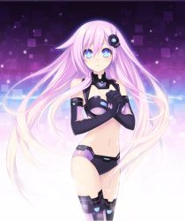 Rule 34 | 10s, 1girl, absurdres, bare shoulders, bikini, blue eyes, blush, breasts, bustier, choujigen game neptune mk2, cleavage, cleavage cutout, clothing cutout, copyright name, elbow gloves, emblem, gloves, hair ornament, highres, interlocked fingers, long hair, looking at viewer, medium breasts, navel, nepgear, neptune (series), official art, own hands clasped, own hands together, parted lips, pink hair, power symbol, power symbol-shaped pupils, purple hair, purple sister, shiny skin, solo, swimsuit, symbol-shaped pupils, thighhighs, tsunako, very long hair