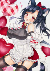 Rule 34 | 1girl, absurdres, animal ears, animal hands, azur lane, balloon, black garter straps, black hair, bow, brown thighhighs, dress, framed breasts, garter straps, hair bow, hand on own chest, heart balloon, highres, lace, lace-trimmed legwear, lace trim, long hair, looking at viewer, marker (medium), official alternate costume, open mouth, red bow, red eyes, shigure (azur lane), shigure (lucky chocolate) (azur lane), shin kun30, simple background, solo, tail, thighhighs, traditional media, white background, white dress