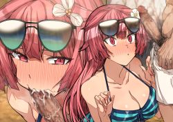 Rule 34 | 1boy, 1girl, :o, anti-materiel rifle, bikini, breasts, censored, cheek bulge, cleavage, collarbone, constricted pupils, cum, cum in mouth, erection, erere, fellatio, flower, from above, girls&#039; frontline, gun, hair flower, hair ornament, hetero, long hair, looking up, mosaic censoring, ntw-20 (girls&#039; frontline), ntw-20 (op. blazing sun) (girls&#039; frontline), official alternate costume, oral, cum overflow, penis, penis awe, pink eyes, pink hair, rifle, shorts, sniper rifle, stray pubic hair, sunglasses, swimsuit, weapon