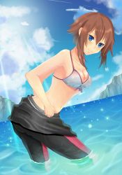 Rule 34 | 1girl, bare arms, bikini, bikini top only, black bodysuit, blue eyes, blue sky, blush, bodysuit, breasts, brown hair, cleavage, closed mouth, collarbone, diving suit, echo destiny, front-tie bikini top, front-tie top, grand blue, grey bikini, hair between eyes, highres, kotegawa chisa, leaning forward, looking at viewer, medium breasts, navel, outdoors, purple ribbon, ribbon, short hair with long locks, sideboob, sidelocks, sky, solo, summer, sunlight, swimsuit, wading, wetsuit