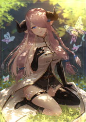 Rule 34 | 1girl, bad id, bad pixiv id, black footwear, black gloves, black thighhighs, blue eyes, blurry, blurry background, boots, breasts, bug, butterfly, dappled sunlight, day, elbow gloves, fingerless gloves, floating hair, forest, gloves, granblue fantasy, hair ornament, hair over one eye, head tilt, high heel boots, high heels, highres, holding, horns, insect, kiri ph, knee boots, large breasts, long hair, looking at viewer, narmaya (granblue fantasy), nature, outdoors, pink hair, pointy ears, single thighhigh, sitting, solo, sunlight, thigh strap, thighhighs, very long hair