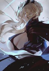 Rule 34 | 1girl, artoria pendragon (fate), artoria pendragon (lancer alter) (fate), bad id, bad pixiv id, blonde hair, braid, breasts, covered erect nipples, fate/grand order, fate (series), from side, large breasts, lips, looking back, md5 mismatch, reroi, resolution mismatch, sideboob, solo, underboob, wind, yellow eyes