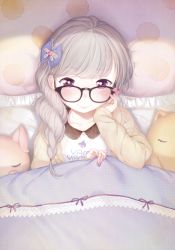 Rule 34 | 1girl, absurdres, bed, blanket, blue bow, blush, bow, braid, child, closed mouth, fingernails, glasses, hair bow, hand up, henreader, highres, long fingernails, long sleeves, looking at viewer, lying, non-web source, on back, on bed, original, pillow, purple-framed eyewear, purple eyes, silver hair, single braid, smile, solo, stuffed animal, stuffed toy, under covers, unmoving pattern, upper body