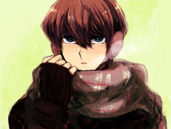 Rule 34 | 1boy, alternate costume, blue eyes, brown hair, commentary request, earmuffs, kaiba seto, looking at viewer, male focus, scarf, short hair, simple background, solo, tears, tsukune (kuianco), upper body, winter clothes, yu-gi-oh!, yu-gi-oh! duel monsters