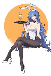 Rule 34 | 1girl, animal ears, black bow, black bowtie, black gloves, blue hair, bow, bowtie, brown pantyhose, covered navel, cup, detached collar, fake animal ears, fake tail, girls&#039; frontline, gloves, hair over one eye, high heels, highleg, highleg leotard, highres, leotard, long hair, looking at viewer, neck ribbon, official alternate costume, pantyhose, playboy bunny, rabbit ears, rabbit tail, red eyes, ribbon, shoes, side-tie leotard, sitting, solo, strapless, strapless leotard, tail, tar-21 (girls&#039; frontline), tar-21 (night at the bar) (girls&#039; frontline), tray, twitter username, whimxi, white background, white leotard, wrist cuffs