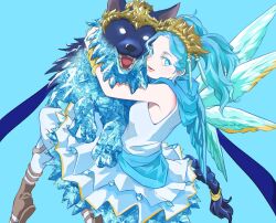 Rule 34 | 1girl, animal, animal hug, asymmetrical wings, bare shoulders, blue background, blue eyes, blue hair, blue scarf, blue theme, blue wings, bracelet, bright pupils, brown footwear, colored eyelashes, commentary, crystal, crystallization, dalamud, dog, dress, feet out of frame, final fantasy, final fantasy xiv, from side, highres, jewelry, layered dress, looking at viewer, looking back, menphina, multiple wings, necco 50270429, open mouth, scarf, short hair, short twintails, simple background, sleeveless, sleeveless dress, smile, tiara, twintails, wavy hair, white dress, white pupils, wings