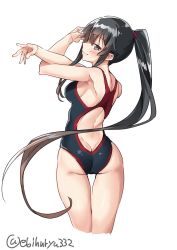 Rule 34 | 1girl, ass, black hair, black one-piece swimsuit, brown eyes, butt crack, competition swimsuit, cowboy shot, ebifurya, from behind, hair ornament, hair scrunchie, highres, kantai collection, long hair, one-piece swimsuit, ponytail, scrunchie, sidelocks, simple background, solo, standing, stretching, swimsuit, twitter username, white background, yahagi (kancolle)