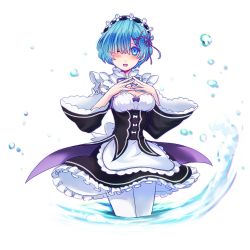 Rule 34 | 10s, 1girl, ;d, apron, bad id, bad pixiv id, blue eyes, blue hair, blush, bow, breasts, butano (star-dust boxxx), cleavage, detached sleeves, dress, fingers together, frilled dress, frills, hair ornament, hair over one eye, hands up, highres, long sleeves, looking at viewer, maid, maid apron, maid headdress, medium breasts, one eye closed, open mouth, pantyhose, purple bow, purple ribbon, re:zero kara hajimeru isekai seikatsu, rem (re:zero), ribbon, smile, solo, waist apron, white apron, white bow, white pantyhose, wide sleeves, x hair ornament