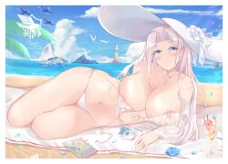 Rule 34 | 1girl, absurdres, azur lane, biganbanani, bikini, blue eyes, breasts, choker, covered erect nipples, cross, cross choker, day, detached sleeves, eagle union (emblem), hat, highres, huge breasts, looking at viewer, lying, navel, official alternate costume, on side, outdoors, see-through, side-tie bikini bottom, smile, solo, sun hat, swimsuit, white choker, white hair, white hat, yorktown (azur lane), yorktown ii (azur lane), yorktown ii (bright-sky mermaid) (azur lane)