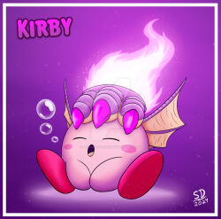 Rule 34 | border, bubble, closed eyes, copy ability, deviantart username, dragon fire kirby, fire, fire kirby, highres, kirby, kirby (series), kirby and the forgotten land, megaspinax341, nintendo, no humans, open mouth, purple background, purple fire, sitting, sleeping, solo, white background, white border