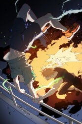 Rule 34 | 2boys, arms up, bare arms, bare shoulders, battle, black pants, black tank top, blonde hair, blood, blood on face, blue shirt, blue shorts, blurry, boku no hero academia, cel shading, clenched teeth, clothes lift, clothes writing, covered face, cross-laced footwear, dated commentary, depth of field, duel, electricity, embers, explosion, foot out of frame, from side, full body, furrowed brow, glowing, green hair, hand on railing, hands up, highres, instagram username, leaning forward, legs up, light, lofter username, male focus, midair, midoriya izuku, milmil (wa ten&#039;nendesu), multiple boys, navel, outdoors, outstretched arms, pants, profile, railing, red eyes, red footwear, running, scratches, serious, shirt, shirt lift, shoes, short hair, short sleeves, shorts, sideways mouth, single vertical stripe, sleeveless, smoke, sneakers, somersault, spiked hair, spoilers, t-shirt, tank top, teeth, twitter username, upside-down