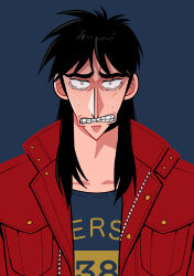 Rule 34 | 1boy, absurdres, black hair, black shirt, blue background, clenched teeth, commentary request, crying, crying with eyes open, facial scar, fukumoto nobuyuki (style), highres, itou kaiji, jacket, kaiji, long hair, looking at viewer, male focus, medium bangs, official style, open clothes, open jacket, parody, pointy nose, red jacket, scar, scar on cheek, scar on face, shirt, sidelocks, simple background, solo, style parody, tears, teeth, upper body, usarinko, white eyes