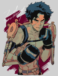 Rule 34 | 1boy, anniversary, black gloves, black hair, boxing gloves, egg (cknlun), facial scar, fighting stance, gloves, joe (megalo box), looking at viewer, male focus, megalo box, scar, scar on cheek, scar on chest, scar on face, short hair, simple background, solo, toned, toned male, topless male, upper body