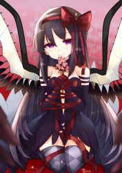 Rule 34 | 1girl, abstract background, akemi homura, akuma homura, alternate costume, argyle, argyle clothes, argyle legwear, artist name, black dress, black gloves, black hair, black thighhighs, bound, bound wrists, bow, branch, breasts, cherry blossoms, choker, commentary request, dress, elbow gloves, feathered wings, floral background, flower, gloves, hair between eyes, hair bow, hair ornament, hair ribbon, half-closed eyes, highres, holding, holding branch, holding flower, kneeling, long hair, looking at viewer, mahou shoujo madoka magica, mahou shoujo madoka magica: hangyaku no monogatari, medium breasts, own hands together, petals, plunging neckline, purple eyes, red background, red bow, ribbon, smile, solo, spider lily, strapless, strapless dress, teruna (artist), thighhighs, tied up, very long hair, wings