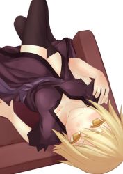 Rule 34 | 1girl, bad id, bad pixiv id, blonde hair, breasts, bugbook, dutch angle, fate (series), from above, jeanne d&#039;arc (fate), jeanne d&#039;arc alter (avenger) (fate), jeanne d&#039;arc alter (fate), crossed legs, medium breasts, short hair, smile, solo, thighhighs, thighs, white background, yellow eyes