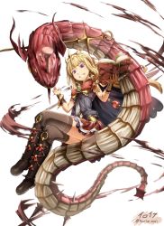 Rule 34 | 10s, 1girl, blonde hair, blunt bangs, book, boots, cagliostro (granblue fantasy), cape, crossed legs, crown, frilled skirt, frills, full body, granblue fantasy, grin, highres, iroia, knee boots, long hair, looking at viewer, ouroboros (granblue fantasy), purple eyes, simple background, sitting, skirt, smile, snake, spikes, stab, sword, thighhighs, weapon