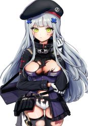 Rule 34 | 1girl, absurdres, arm across waist, beret, black thighhighs, blunt bangs, blush, breasts, cleavage, clothes writing, combat knife, cowboy shot, cross, damaged, facial mark, frown, girls&#039; frontline, gloves, green eyes, gun, hair ornament, hand in own hair, hat, highres, hk416 (girls&#039; frontline), iron cross, jacket, knife, knife sheath, knife sheath, long hair, looking at viewer, magazine (weapon), medium breasts, minttea1989, panties, plaid, plaid skirt, pouch, ribbon-trimmed panties, sheath, sidelocks, silver hair, simple background, skindentation, skirt, solo, strap, teardrop, thighhighs, torn clothes, torn jacket, torn skirt, torn thighhighs, underwear, very long hair, weapon, weapon bag, white background, white panties