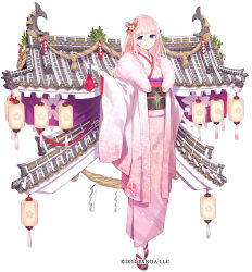 Rule 34 | 1girl, bag, blush, brown footwear, closed mouth, commentary request, copyright notice, floral print, full body, fur collar, fuyuno yuuki, gloves, highres, himeji (oshiro project), holding, holding bag, japanese clothes, kimono, lantern, long hair, long sleeves, obi, official art, oshiro project:re, paper lantern, pink hair, pink kimono, pouch, print kimono, purple eyes, revision, sandals, sash, simple background, smile, solo, standing, watermark, white background, white gloves, white legwear, wide sleeves, zouri