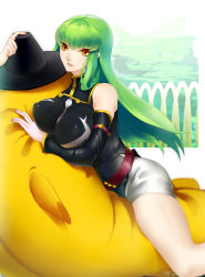 Rule 34 | ass, bad id, bad pixiv id, breasts, c.c., cheese-kun, code geass, covered erect nipples, green hair, highres, impossible clothes, large breasts, long hair, razu (rus), solo, yellow eyes