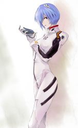 Rule 34 | 1girl, ayanami rei, blue hair, interface headset, looking at viewer, looking to the side, neon genesis evangelion, ogros, one eye covered, plugsuit, red eyes, short hair, simple background, solo
