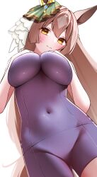 Rule 34 | 1girl, absurdres, animal ears, blush, breasts, brown eyes, brown hair, closed mouth, commission, gluteal fold, hair between eyes, hair ornament, highres, horse ears, horse girl, horse tail, large breasts, long hair, looking at viewer, pixiv commission, ponta (1859ysmssstsp), satono diamond (umamusume), school swimsuit, solo, swimsuit, tail, umamusume, white background