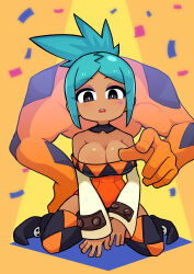 Rule 34 | 1girl, blue hair, blush, boots, breasts, bright pupils, cerebella (skullgirls), chibi, cleavage, confetti, dark-skinned female, dark skin, detached collar, eyeshadow, hat, unworn hat, unworn headwear, highres, imeni-art, kneeling, large breasts, long sleeves, makeup, open mouth, outstretched hand, ponytail, skirt, skullgirls, solo, thigh boots, vice-versa (skullgirls), white pupils, wide sleeves, yellow background