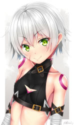Rule 34 | 1girl, bad id, bad pixiv id, bandaged arm, bandages, bare shoulders, blush, breasts, facial scar, fate/apocrypha, fate (series), green eyes, jack the ripper (fate/apocrypha), puririn, scar, scar across eye, scar on cheek, scar on face, short hair, small breasts, solo, tattoo, upper body, white hair