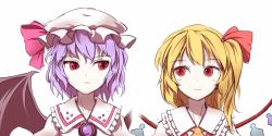 Rule 34 | 2girls, asymmetrical hair, bad id, bad twitter id, bat wings, blonde hair, blush, crystal, flandre scarlet, hat, hat ribbon, image sample, light purple hair, looking at another, minust, mob cap, multiple girls, no headwear, puffy sleeves, red eyes, remilia scarlet, ribbon, short hair, siblings, side ponytail, simple background, sisters, slit pupils, smile, touhou, upper body, vest, white background, wings