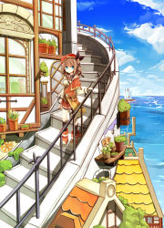 Rule 34 | 1girl, blue eyes, blue sky, brown hair, cloud, day, fleur-de-lis, hat, long hair, looking at viewer, lucena winter, original, plant, pot, potted plant, ship, side ponytail, skirt, sky, solo, stairs, watercraft, yuuhagi (amaretto-no-natsu)