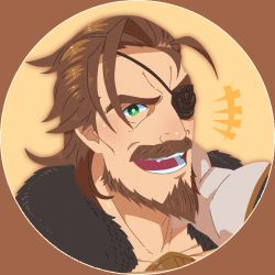 Rule 34 | 1boy, bad id, bad pixiv id, brown eyes, brown hair, close-up, eugen (granblue fantasy), eyepatch, facial hair, goatee, granblue fantasy, green eyes, highres, looking at viewer, male focus, manly, medium hair, mustache, open mouth, portrait, profile picture, round image, smile, smith (ardp13), solo