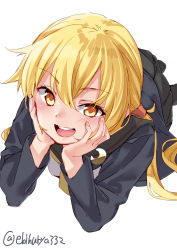 Rule 34 | 1girl, :d, black cardigan, black skirt, black thighhighs, blonde hair, blush, cardigan, crescent, crescent pin, ebifurya, hair between eyes, hands on own face, highres, kantai collection, long hair, long sleeves, low twintails, lying, necktie, on stomach, open mouth, pleated skirt, satsuki (kancolle), satsuki kai ni (kancolle), simple background, skirt, smile, solo, thighhighs, twintails, twitter username, white background, yellow eyes, yellow necktie