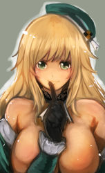Rule 34 | 10s, 1girl, atago (kancolle), bad id, bad pixiv id, bare shoulders, black gloves, blonde hair, breasts, cafe au lait (kafeore), finger to mouth, fur trim, gloves, hat, highres, kantai collection, large breasts, long hair, looking at viewer, shushing, solo, upper body