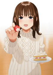 Rule 34 | 1girl, black eyes, blurry, brown hair, cake, commentary, depth of field, food, fruit, holding, holding food, incoming food, indoors, long sleeves, looking at viewer, looking up, mattaku mousuke, medium hair, open mouth, original, plate, pov, ribbed sweater, sidelocks, solo, standing, strawberry, strawberry shortcake, sweater, teeth, turtleneck, turtleneck sweater, twitter username, white sweater, wooden floor