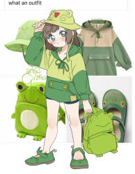Rule 34 | 1girl, alternate costume, animal print, arm up, backpack, bag, blue eyes, blue shorts, blush, bow, brown footwear, child, closed mouth, collarbone, ears, english text, female focus, freckles, frog, frog-shaped backpack, frog eyes, frog girl, frog print, full body, girutea, green bow, green eyes, green footwear, green hair ornament, green hat, green hoodie, hairclips, hand up, hat, highres, holding, holding bag, hood, hooded jacket, hoodie, indie virtual youtuber, jacket, legs, lily hopkins, long-sleeved jacket, long sleeves, looking at viewer, meme, meme attire, multicolored clothes, multicolored eyes, multicolored footwear, multicolored hoodie, multicolored jacket, neck, nose, photo (medium), photo background, safari hat, shorts, solo, standing, striped clothes, striped hoodie, thighs, tumblr, wide brim