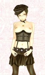 Rule 34 | 1girl, alternate costume, breasts, cabbie hat, collar, corset, earrings, glasses, green hair, hat, ise nanao, jewelry, large breasts, navel, navel piercing, original, pantyhose, piercing, punk, ring, short hair, skirt, solo, terumin, wristband