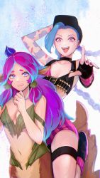 Rule 34 | animal ears, bare shoulders, blue hair, braid, centaur, centauroid, dryad, fingerless gloves, gloves, horseback riding, jinx (league of legends), league of legends, lillia (league of legends), long hair, looking at viewer, monster girl, multiple girls, navel, open mouth, pointy ears, purple hair, riding, shorts, smile, suku (downy), tail, tattoo, taur, twin braids, twintails, very long hair