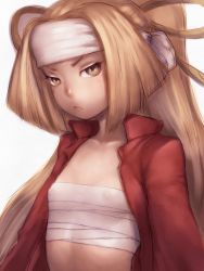Rule 34 | &gt;:(, 10s, 1girl, annoyed, blonde hair, blush, brown eyes, closed mouth, collarbone, covered erect nipples, danball senki, flat chest, from side, frown, fumio (rsqkr), headband, high collar, high ponytail, jacket, light brown hair, long hair, long sleeves, looking at viewer, midriff, nipples, open clothes, open jacket, ponytail, red jacket, rope, sarashi, see-through, sidelocks, simple background, solo, upper body, v-shaped eyebrows, very long hair, white background, yazawa riko, yellow eyes