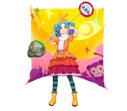 Rule 34 | 1girl, :&lt;, aqua hair, bakemonogatari, boots, center frills, commentary request, dress, frilled dress, frills, full body, green eyes, hat, highres, holding, holding sign, kyma curry, looking at viewer, monkey, monogatari (series), ononoki yotsugi, open mouth, pantyhose, rubber boots, short hair, short sleeves, sign, snail, solo, standing, starfish, striped clothes, striped legwear, striped pantyhose, twintails, v