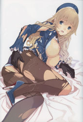Rule 34 | 10s, 1girl, absurdres, ass, atago (kancolle), bed sheet, beret, black gloves, black pantyhose, blonde hair, blue bra, blue eyes, bra, breasts, cleavage, cum, cum on ass, cum on body, cum on clothes, cum on lower body, gloves, hat, high heels, highres, kantai collection, long hair, lying, mibu natsuki, nipples, non-web source, on side, open mouth, pantyhose, pumps, scan, solo, stiletto heels, tears, teeth, torn clothes, torn pantyhose, underwear