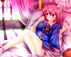 Rule 34 | 1girl, bare legs, bed, blush, bobby socks, breasts, canopy bed, covered erect nipples, eyeball, female focus, frilled pillow, frills, giorgio claes, hairband, highres, komeiji satori, medium breasts, on bed, pillow, pink hair, red eyes, short hair, sitting, socks, solo, third eye, touhou
