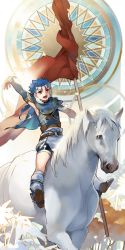 Rule 34 | 1boy, blue hair, boots, capelet, cu chulainn (fate), earrings, fate/stay night, fate (series), flag, guttia, highres, horse, horseback riding, jewelry, cu chulainn (fate/stay night), male focus, outstretched arm, ponytail, red eyes, riding, shorts, solo, sunburst, white horse, aged down
