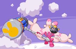 Rule 34 | 1girl, artist request, creatures (company), game freak, hammer, highres, holding, holding hammer, huge weapon, kirby (series), kirby super star ultra, machinery, mask, motion blur, nintendo, no humans, pokemon, pokemon (creature), simple background, smile, solo, standing, steampunk, tinkaton, weapon, weapon connection